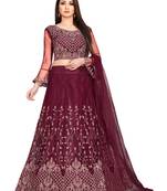 maroon embroidered net lehenga-choli with dupatta