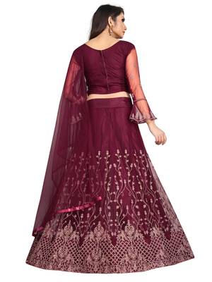 maroon embroidered net lehenga-choli with dupatta 2