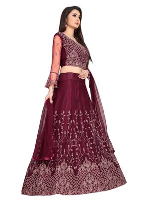 maroon embroidered net lehenga-choli with dupatta 3