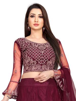 maroon embroidered net lehenga-choli with dupatta 4