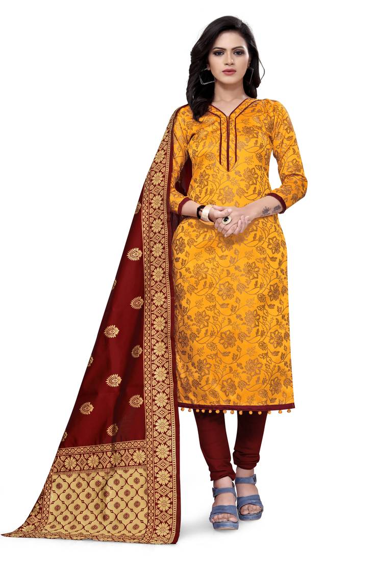  Yellow Banarasi silk Unstitched dress material