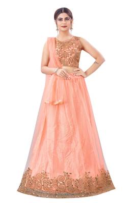 peach embroidered net lehenga-choli with dupatta 1