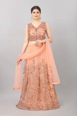 peach embroidered net lehenga-choli with dupatta 1