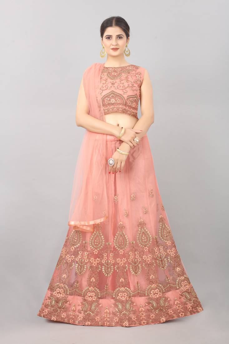 peach embroidered net lehenga-choli with dupatta