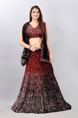 red embroidered velvet lehenga-choli with dupatta 1