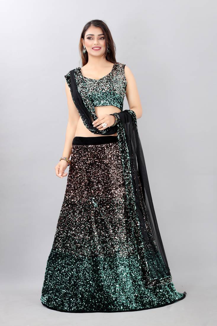 green embroidered velvet lehenga-choli with dupatta