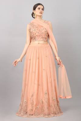 peach embroidered net lehenga-choli with dupatta 1