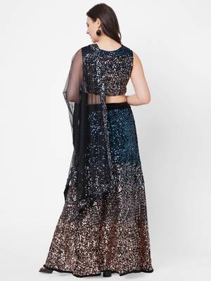 blue embroidered velvet lehenga-choli with dupatta 2