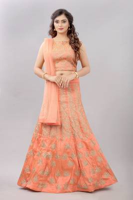 peach embroidered silk lehenga-choli with dupatta 1