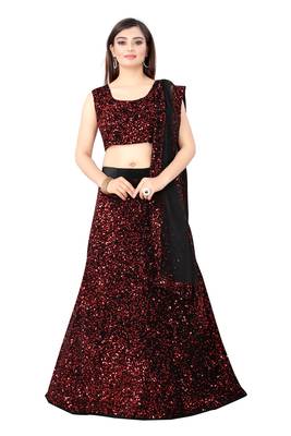 red embroidered velvet lehenga-choli with dupatta 1