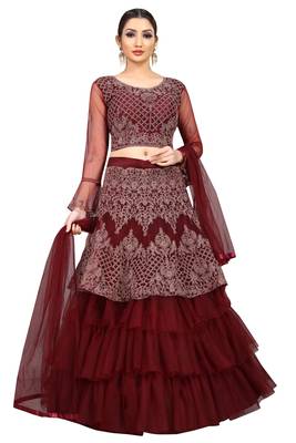 wine embroidered net lehenga-choli with dupatta 1