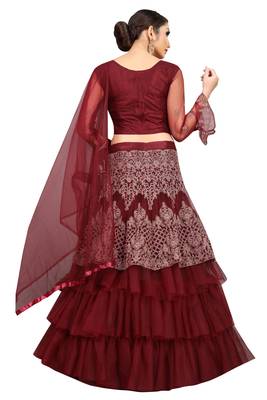 wine embroidered net lehenga-choli with dupatta 2