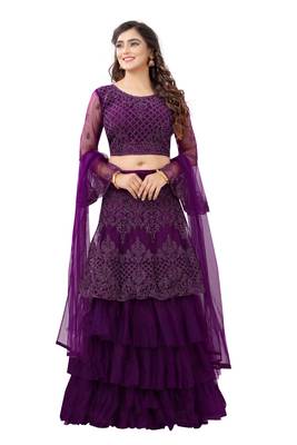 purple embroidered net lehenga-choli with dupatta 1