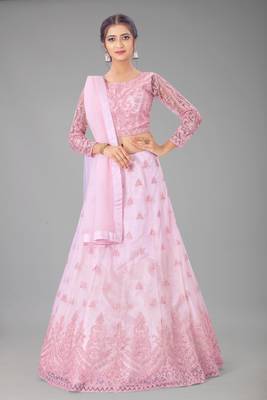 pink embroidered net lehenga-choli with dupatta 1