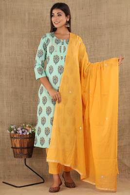 Sea-green printed cotton ethnic-kurtis 1