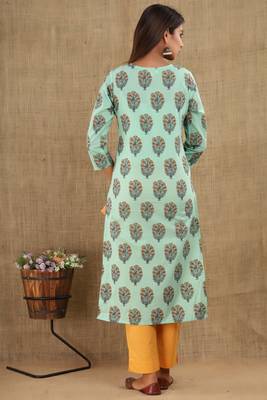 Sea-green printed cotton ethnic-kurtis 2