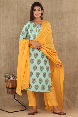 Sea-green printed cotton ethnic-kurtis 4