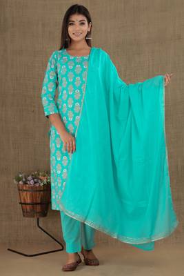 Sea-green printed cotton ethnic-kurtis 1