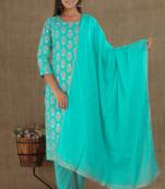 Sea-green printed cotton ethnic-kurtis