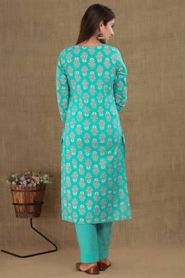 Sea-green printed cotton ethnic-kurtis 2