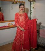 Red embroidered cotton ethnic-kurtis