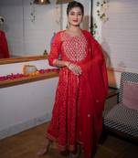 Red embroidered cotton ethnic-kurtis