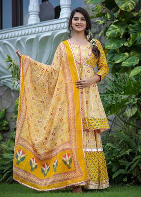 Yellow embroidered cotton ethnic-kurtis 1