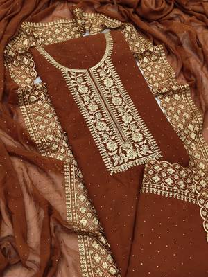 Kimisha Women's Brown Georgette Embroidery Diamond Work Unstitched Dress Material 1
