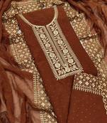 Kimisha Women's Brown Georgette Embroidery Diamond Work Unstitched Dress Material