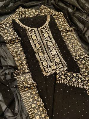 Kimisha Women's Light Black Georgette Embroidery Diamond Work Unstitched Dress Material 1