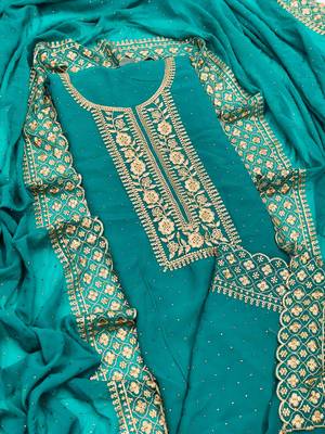 Kimisha Women's Turquoise Georgette Embroidery Diamond Work Unstitched Dress Material 1