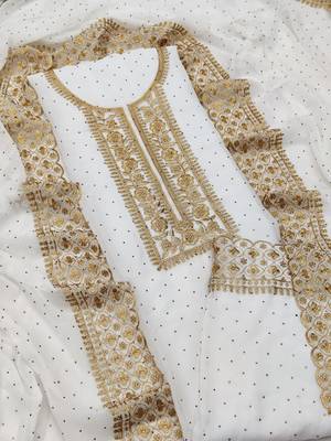 Kimisha Women's White Georgette Embroidery Diamond Work Unstitched Dress Material 1