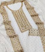 Kimisha Women's White Georgette Embroidery Diamond Work Unstitched Dress Material