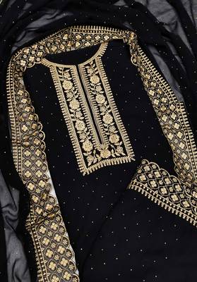 Kimisha Women's Black Georgette Embroidery Diamond Work Unstitched Dress Material 1