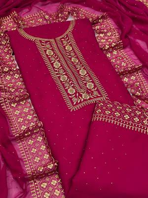 Kimisha Women's Magenta Georgette Embroidery Diamond Work Unstitched Dress Material 1