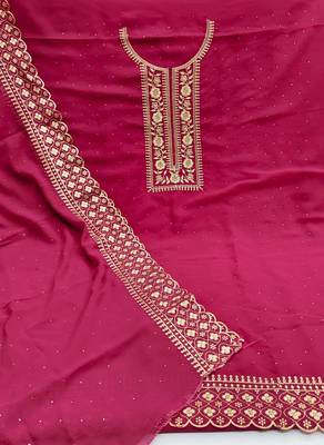 Kimisha Women's Magenta Georgette Embroidery Diamond Work Unstitched Dress Material 2