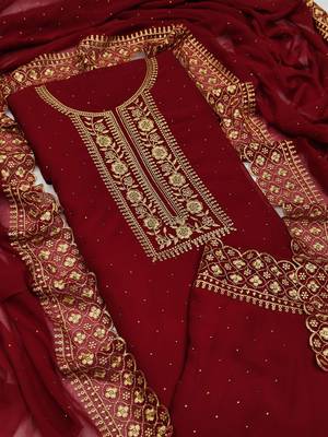 Kimisha Women's Maroon Georgette Embroidery Diamond Work Unstitched Dress Material 1