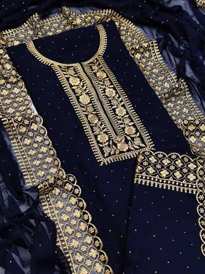 Kimisha Women's Navy Blue Georgette Embroidery Diamond Work Unstitched Dress Material 1