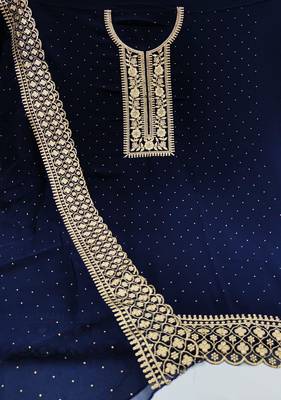Kimisha Women's Navy Blue Georgette Embroidery Diamond Work Unstitched Dress Material 2