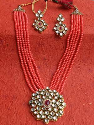 Orange Polki Pearl Kundan Necklace set 2