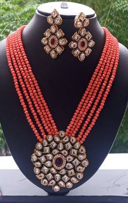 Orange Polki Pearl Kundan Necklace set 3