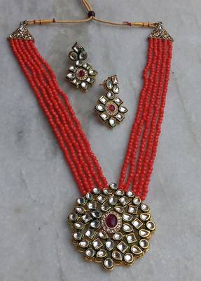 Orange Polki Pearl Kundan Necklace set 4