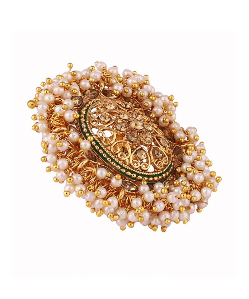 Gold Tone Embellished With Pearls Adjustable Finger Ring
