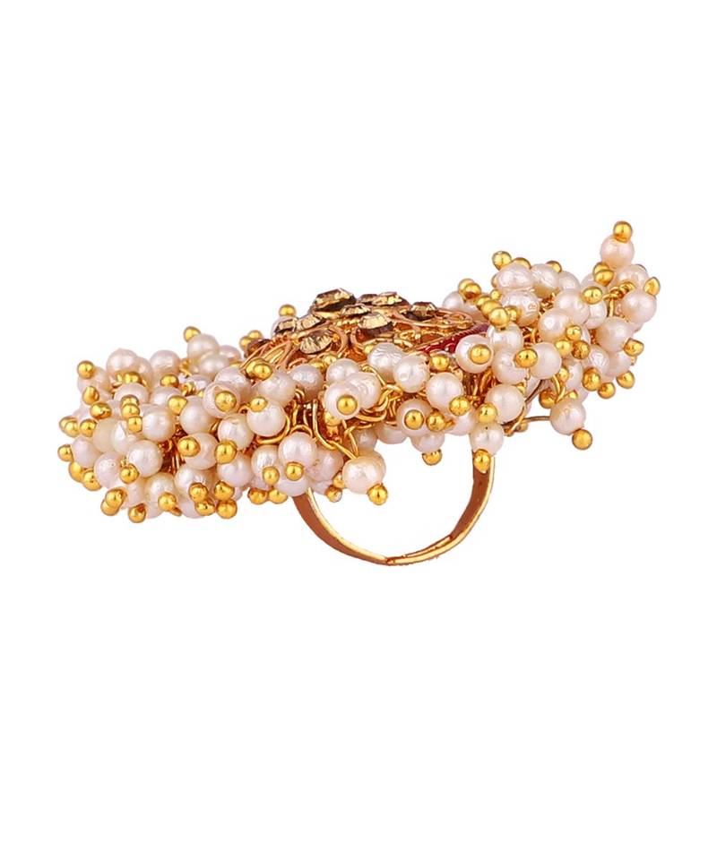 Gold Tone Embellished With Pearls Adjustable Finger Ring