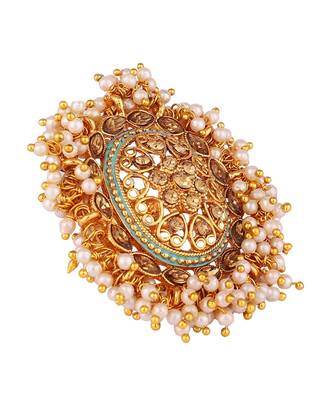 Gold Tone Embellished With Pearls Adjustable Finger Ring 3