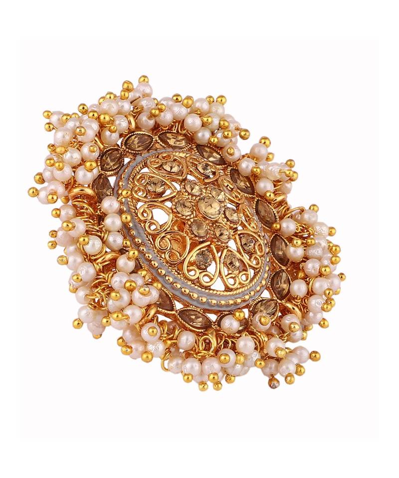 Gold Tone Embellished With Pearls Adjustable Finger Ring