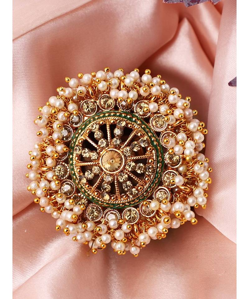 Gold Tone Embellished With Pearls Adjustable Finger Ring