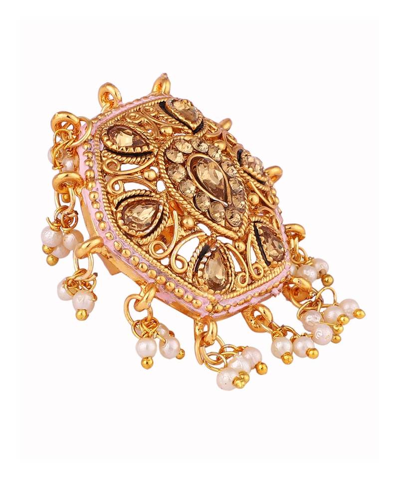 Gold Tone Embellished With Pearls Adjustable Finger Ring