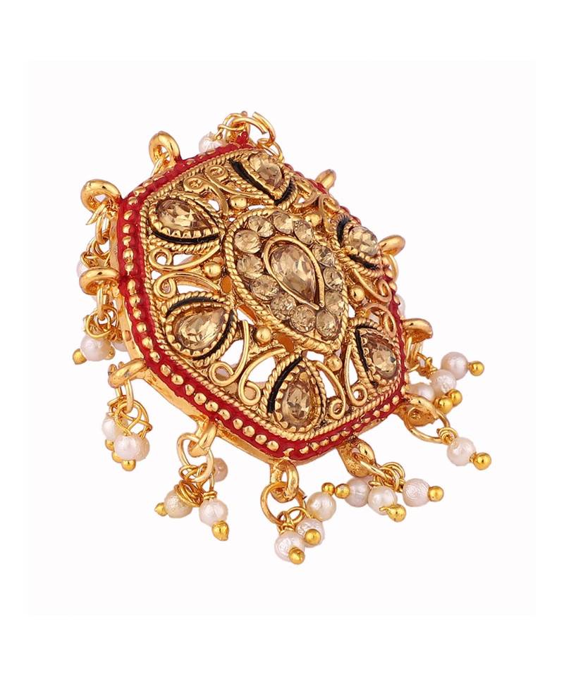 Gold Tone Embellished With Pearls Adjustable Finger Ring