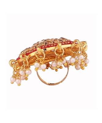 Gold Tone Embellished With Pearls Adjustable Finger Ring 4